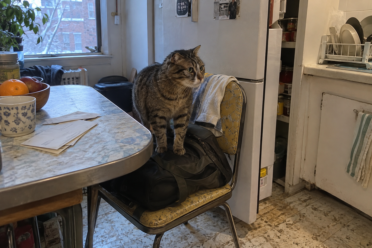A one-eared cat stands on a bag on a chair in a kitchen where the table blocks the refrigerator.